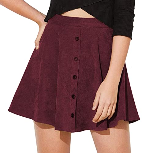Cord Rock Damen Faltenrock Kurz Winter Basic Solid Hohe Taille A-Linie Mit Knöpfen von Generisch