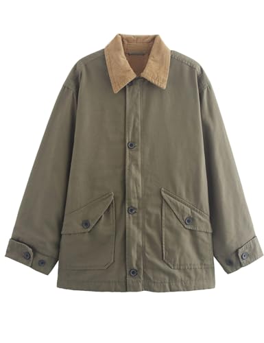 Cord-Sherpa-Jacke für Damen, Button-Down-Fleece-Canvas-Jacke, Cord-Reverskragen, Übergröße, Mantel, Freizeitjacken, grün, M von Generisch
