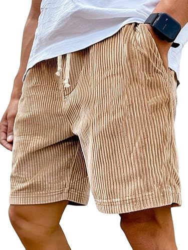 Cord Shorts Herren mit Kordelzug und elastischem Bund, Sommer-Stretch-Freizeitshorts mit Taschen (DE/NL/SE/PL, Alphanumerisch, L, Regular, Regular, Khaki) von Generisch