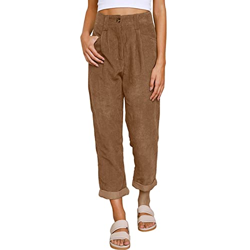 Cordhose Damen Casual Pants High Waist Corduroy Lockere Bequeme Freizeithose Einfarbig Stretch Gerades Bein Cord Hose Outdoor Elastische Taille Cordjeans Mit Taschen Und Gürtelschlaufen,S-XXL von Generisch