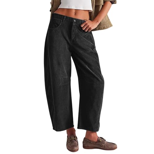 Cordhose Damen Weites Bein Freizeithose Damen Große Größen Hosen Mit Barrel Leg Locker Damenhosen Mit Gummizug Und Knöpfen Stoffhose Mit Taschen 7/8 Lang Barrel Hose Elegant Palazzohose von Generisch
