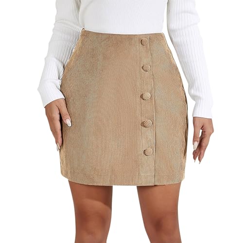 Cordröcke für Damen, Herbst/Winter, hohe Taille, Knopfleiste, A-Linie, kurzer Minirock mit Taschen Kurzer Mit Gummibund (Beige, L) von Generisch