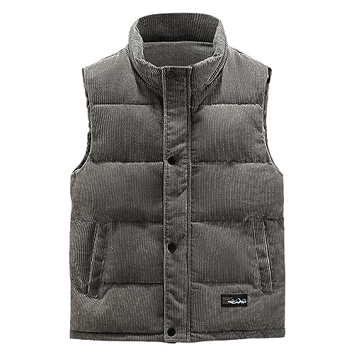 Cordweste Herren Casual Stehkragen Daunenweste mit Knöpf Warm Gefüttert Jacke Einfarbig Freizeit Übergangsjacke Outdoor Freizeitjacke mit Taschen (Grey, L) von Generisch