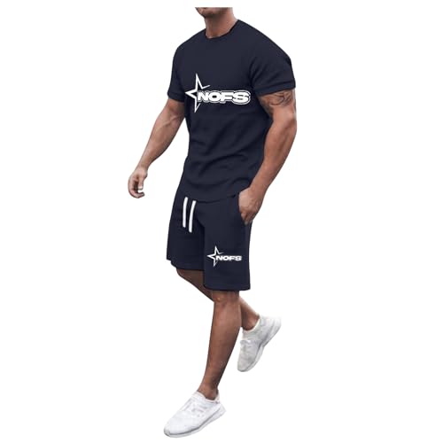 Corteiz Anzug Herren Trainingsanzug Rundhals 2-Teiliges Outfit Einteiliger T-Shirts und Kordelzug Shorts Jogger Trendy Laufanzug Sommer Sportanzug Kurzarm Lässige Tracksuit Set Mode Jogginganzug von Generisch