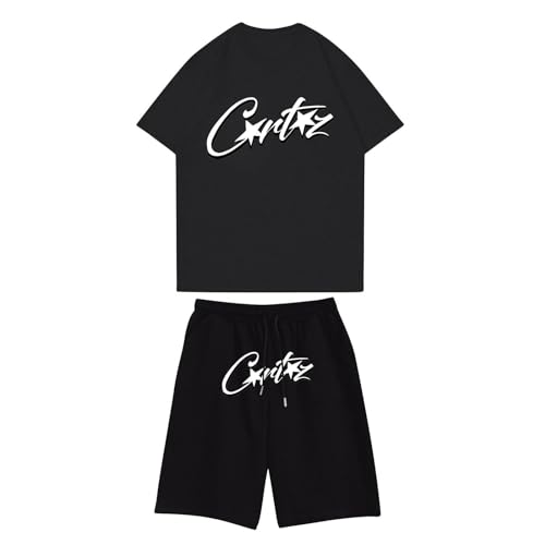 Corteiz Herren Jogginganzug, Trainingsanzug Corteiz T-Shirts Sportshorts Rundhals Sommer Anzug 2-Teilig Freizeitanzug mit Tasche Atmungsaktiv Zwei Stück Set Kurz Hose Streetwear Sportanzug Tracksuit von Generisch