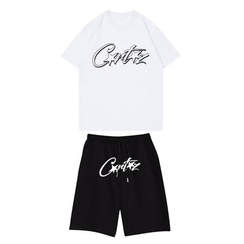 Corteiz Jogger Herren Trainingsanzug Sommer 2-Teiliges Outfit Corteiz Shorts Set Einfache Corteiz T-Shirts Shorts Corteiz Laufanzug Corteiz Herren Sportanzug Jogginganzug Tracksuit (A-White , M) von Generisch