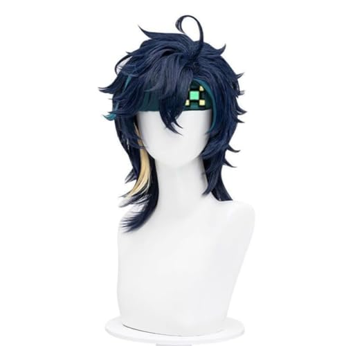 Cosplay Kostüm Perücke, Genshin Impact Kinich Perücken, Blau Gemischt Cosplay Wig für Herren Halloween karnevals party Kunstfaserperücken von Generisch