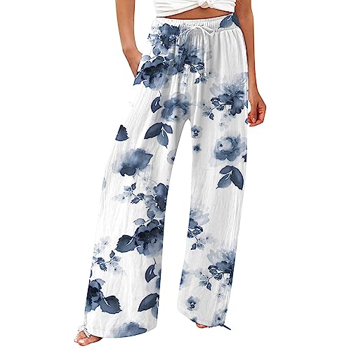 Coullet Hose Damen,Boho Damen Casual Loose High Waist Baumwolle Leinen Weit Geschnittene Lange Hosen Mit Taschen Umstandsmode Capri Hosen Damen Schwanger Kleidung Caprihose Damen(Weiß,M) von Generisch