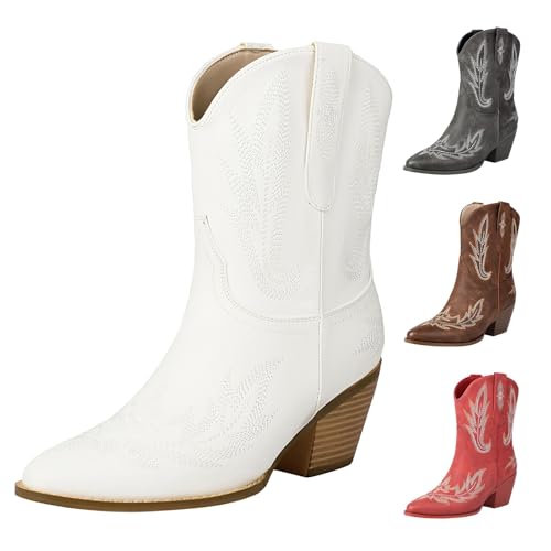 Cow Boy Boots Damen Western Boots Damen Wide Fit Cowboystiefel FüR Leder SchöNe Bestickte NäHte Westernstiefel Klassisch VintageüBergrößE Niedriger Kurze Stiefeletten von Generisch