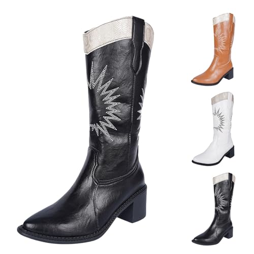 Cowboy Boots Elegant Keilabsatz Spitze Cowboystiefel Bequem Gefüttert Breite Fuße Weitschaftstiefel Mode Leather Dicke rutschfest Westernstiefel Cowboy Kleid Damen Schwarz 42 von Generisch