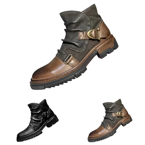 Cowboy Boots Herren Leder Pu, wasserdichte Stiefeletten Herren Wanderschuhe Mit Schnallen Herbstschuhe Outdoor Desert Boot rutschfeste Chukkastiefel Vintage Arbeitsschuhe Ohne Schnürsenkel Boots von Generisch