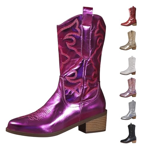 Cowboy Boots Western Boots Damen Wide Fit Cowboystiefel FüR Damen Leder SchöNe Bestickte NäHte Westernstiefel Klassisch VintageüBergrößE Niedriger Stiefeletten Leder von Generisch