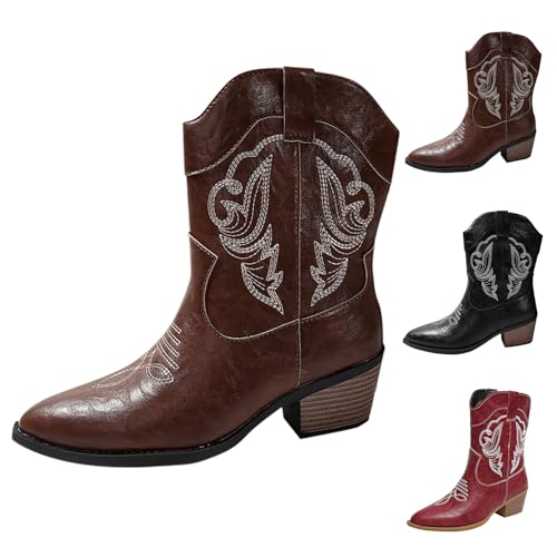 Cowboy-Cowgirl-Stiefel für Damen, mittelbreite Wadenstiefel, dicker Absatz, klassisch, bestickt, PU-Leder, spitzer Zehenbereich, Schlupfschuhe, Western-Hochzeitsschuhe, coffee, 38.5 EU von Generisch