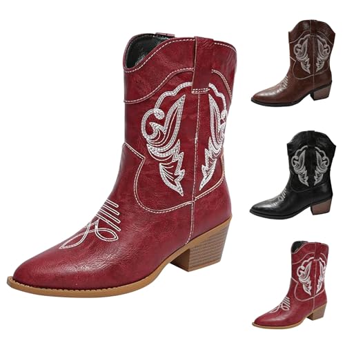 Cowboy-Cowgirl-Stiefel für Damen, mittelbreite Wadenstiefel, dicker Absatz, klassisch, bestickt, PU-Leder, spitzer Zehenbereich, Schlupfschuhe, Western-Hochzeitsschuhe, rot, 40 EU von Generisch