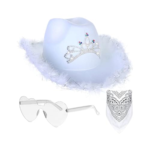 Cowboy Hut Pink Damen Herren Karneval Kostüm Kopfbeckung Faschingskostüme Filzhut, Flauschige Federkrempe Cowboyhüte mit Strass, Mütze für Herren Damen Halloween Karneval Cosplay Kostümparty von Generisch