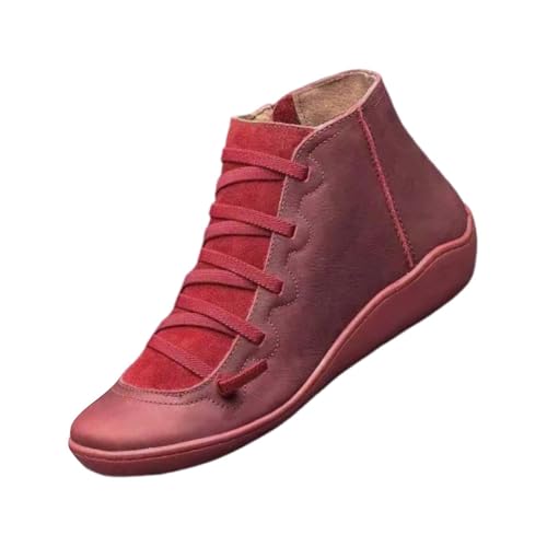 Cowboy Kleid Damen Bequem Flat Breite Fuße Stiefeletten Freizeit Wasserdicht rutschfest Leather Westernstiefel Minimalistisch Dicke Gefüttert Schnürstiefel Ladies Cowboy Boots Rot 35 von Generisch