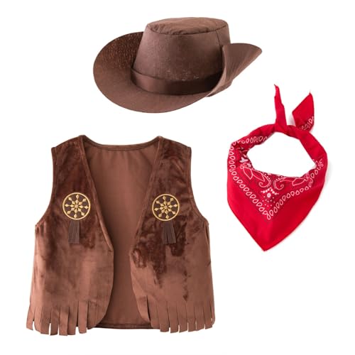 Cowboy Kostüm Kinder Jungen Cowboy Weste Kinder mit Cowboy Hut Halstuch Western 4 Stück Cowboy Sets Kinder Faschingskostüme Kleinkind Kostüm Junge 98 110 128 140 152 Halloween Cosplay Karneval Kostüm von Generisch