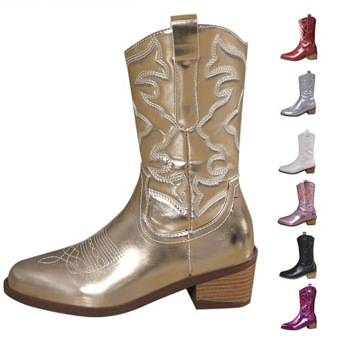 Cowboy Stiefel Western Boots Damen Wide Fit Cowboystiefel FüR Damen Leder SchöNe Bestickte NäHte Westernstiefel Klassisch VintageüBergrößE Niedriger Cowboy Stiefeletten Leder von Generisch