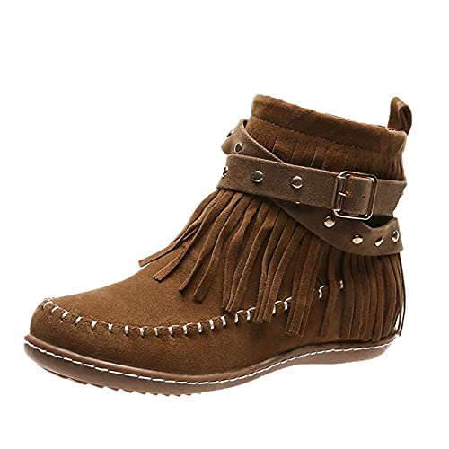 Cowboy Stiefeletten Damen,Frauen Freizeit Knöchel Schuhe Western Cowboy Boots Stiefel mit Fransen Retro Western Cowboy Stiefeletten Wildleder Ankle Boots Slip-on Booties von Generisch