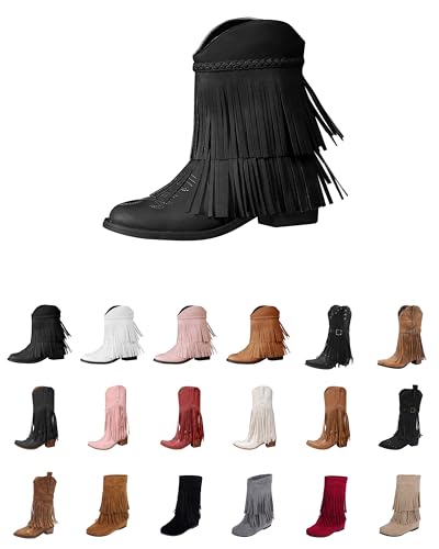 Cowboy Stiefeletten Damen Elegant Spitze Keilabsatz Fransenstiefel Bequem Gefüttert Breite Fuße Westernstiefel Winter Dicke Rutschfest Kurzstiefel Wasserdicht Slip on Hippiestiefel Schwarz 39 von Generisch