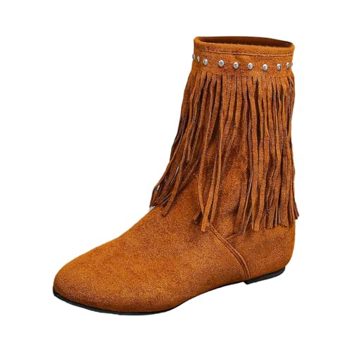 Cowboy Stiefeletten Damen Western Cowboyboots Stiefel mit Fransen Stiefel Slip On Booties Retro Western Cowboystiefeletten Frauen Wildleder Ankle Boots Freizeit Knöchel Schuhe von Generisch