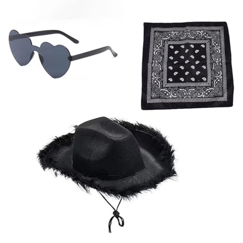 Cowboyhut Schwarz Cowgirl Kostüm Damen Cowboy Hut Frauen Pinker Cowboyhut Mit Cowboy Halstuch Herz Brille 3 Stück Faschingskostüme Cow Girl Outfit Karneval Accessoires Für Party Cosplay von Generisch