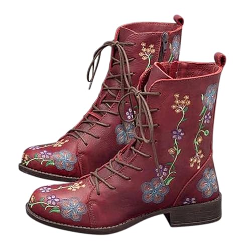 Cowboystiefel Damen,Westernstiefel Damen,Ritterstiefel Vintage Blume Stickerei Blockabsatz Lange Stiefeletten Reißverschluss Schnürhalbschuhe,Bequemer Klassisch Leder Elegante Stiefeletten von Generisch