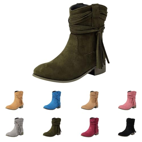 Cowboystiefel Damen Leder Cowboy Stiefeletten Damen Boots Elegant Wildleder Westernstiefel mit Lockerer Rüschen Struktur Accent für Vielfältige Looks Outdoor Stiefeletten Leder von Generisch