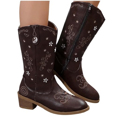 Cowboystiefel Damen Leder Mittelstiefel Mexikanische Stickerei Westernstiefel mit spitzer Zehenpartie Fashion Cowboy Western Damenschuhe Pointed Toe Boots mit Blockabsatz und Innenreißverschluss von Generisch