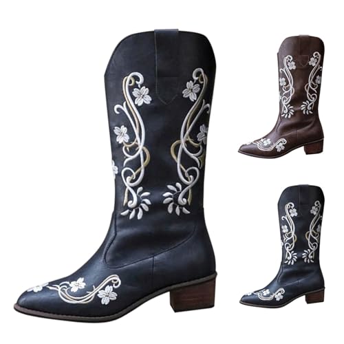 Cowboystiefel Damen Leder Western Boots Damen Wide Fit Cowboystiefel FüR Leder SchöNe Bestickte NäHte Westernstiefel Klassisch VintageüBergrößE Niedriger Schwarze Wildleder Stiefeletten von Generisch