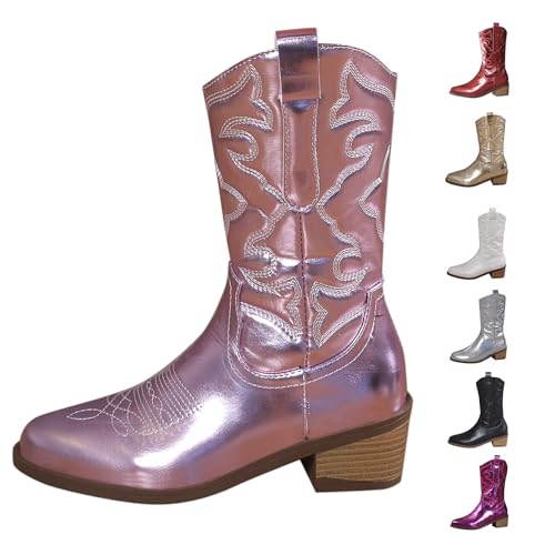 Cowboystiefel Damen Leder Western Boots Damen Wide Fit Cowboystiefel FüR Leder SchöNe Bestickte NäHte Westernstiefel Klassisch VintageüBergrößE Niedriger Stiefel von Generisch