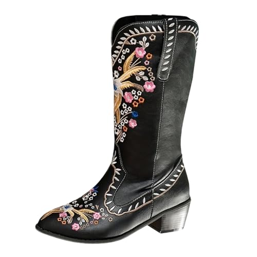 Cowboystiefel Damen Schwarz Leder, Winterstiefel Damen Wasserdicht Blumenmuster Westernstiefel Spitze Plateau Stiefeletten Warm Kurze Stiefel Arch Support Walkingschuhe Blockabsatz High Heels von Generisch