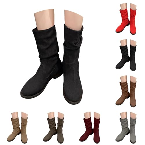 Cowboystiefel Damen Stiefeletten Herbst Mit Falten Trendy Elegant Westernstiefel Einfarbig Spitz Zehe Block Heels Kurzstiefel Outdoor Oversized Casual Knöchelstiefel Bequeme Schlupfschuhe,35-42 Eu von Generisch