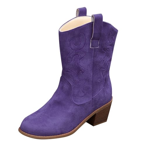 Cowboystiefel Damen Stiefeletten Wildleder Halbstiefel Westernstiefel Spitzer Zehenbereich Klobiger Absatz Ankle Boots Übergangsstiefel Halbhoch Stickerei Kurzstiefel Damenstiefel von Generisch