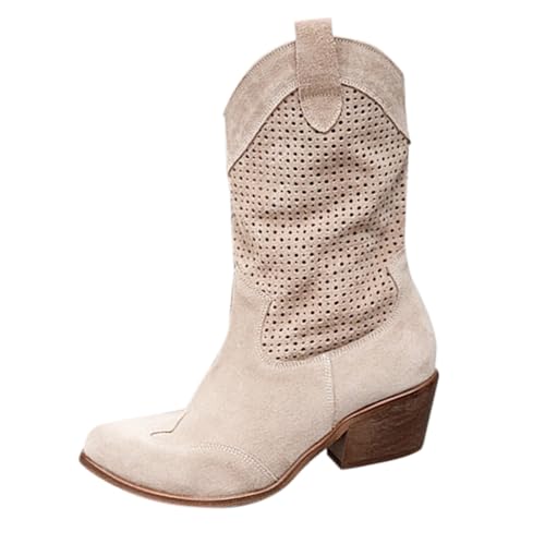 Cowboystiefel Damen Westernstiefel Herbst Oversized Spitz Zehe Rutschfeste Stiefeletten Einfarbig Lochmuster Weichem Schlupfstiefel Outdoor Casual Elegant Damenstiefel Mit Reißverschluss,34-42 EU von Generisch