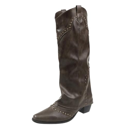 Cowboystiefel Damen Westernstiefel Herbst Spitz Zehe Block Heels High-Top Schlupfstiefel Einfarbig Mode Elegant Rutschfeste Damenstiefel Outdoor Große Größen Freizeitstiefel,35-39 Eu von Generisch