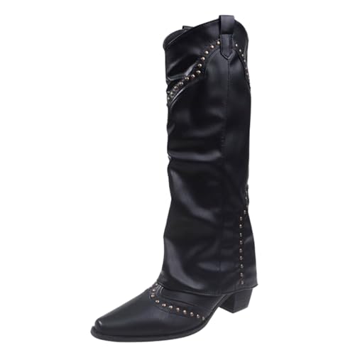 Cowboystiefel Damen Westernstiefel Herbst Spitz Zehe Block Heels High-Top Schlupfstiefel Einfarbig Mode Elegant Rutschfeste Damenstiefel Outdoor Große Größen Freizeitstiefel,35-39 Eu von Generisch