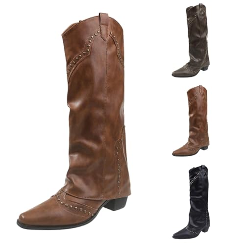 Cowboystiefel Damen Westernstiefel Herbst Spitz Zehe Block Heels High-Top Schlupfstiefel Einfarbig Mode Elegant Rutschfeste Damenstiefel Outdoor Große Größen Freizeitstiefel,35-39 Eu von Generisch