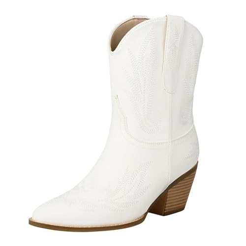 Cowboystiefel Damen Westernstiefel Herbst Spitz Zehe Block Heels Stiefeletten Einfarbig Mit Blumen Rutschfeste Halbstiefel Outdoor Oversized Casual Lederstiefel Bequeme Cowboy Boots,37-41.5 Eu von Generisch