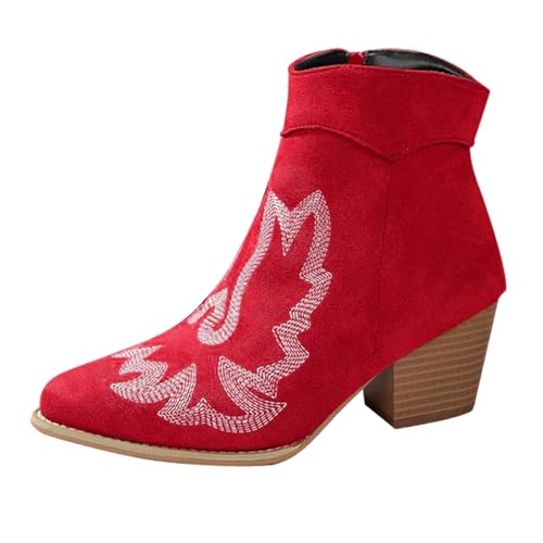 Cowboystiefel Damen Westernstiefel Stiefeletten Stickerei Wildleder Cowboy Halbstiefel Leder Ankle Boots Damenstiefel Trachten Mit Absatz Halbhoch Stiefel Bequemer Kurzstiefel (Rot,40) von Generisch