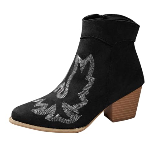 Cowboystiefel Damen Westernstiefel Stiefeletten Stickerei Wildleder Cowboy Halbstiefel Leder Ankle Boots Damenstiefel Trachten Mit Absatz Halbhoch Stiefel Bequemer Kurzstiefel (Schwarz,42) von Generisch