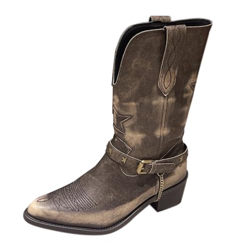 Cowboystiefel Damen Westernstiefel mit Blockabsatz Sommer Cowgirl Stiefel Pull on Mid Calf Schlupfstiefel Stickerei Damenstiefel mit Schnalle Riemen Spitzer Zehenbereich Cowboy Boots von Generisch