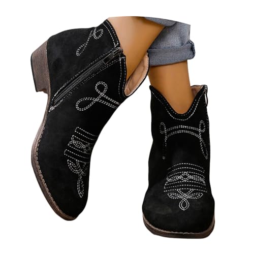 Cowboystiefel Damen Wildleder Kurzstiefel Festival Stiefeletten Hippie Westernstiefel Reiterstiefel Western Chunky Niedrigabsatz Schuhe Westernstiefel Fashion Herbststiefel Boots von Generisch