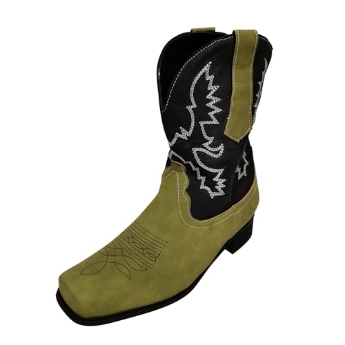 Cowboystiefel Für Herren Warm Gefüttert Wasserdicht, Cowboy-Cowgirl-Stiefel Breite Wade Western Stiefel Mit Eckiger Zehenpartie, Mitte Der Wade Westernstiefel, Klobiger Absatz Bestickt von Generisch