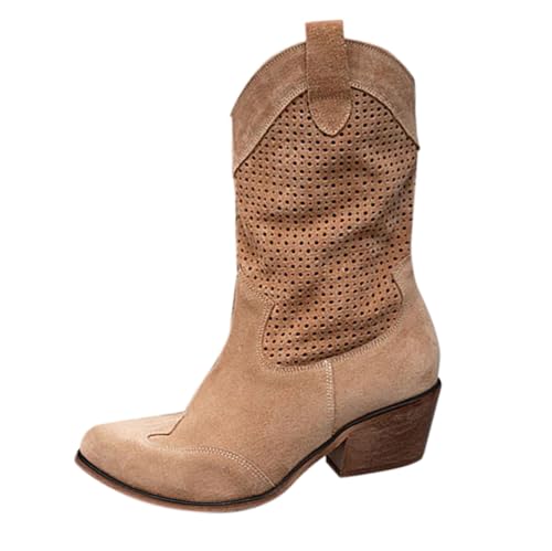 Cowboystiefel aus Wildleder für Damen, Blockabsatz, Westernstiefel, Braun, wadenhoch, Übergröße, spitzer Zehenbereich, wadenhoch, mit seitlichem Reißverschluss, leicht, atmungsaktiv, stilvoll und von Generisch