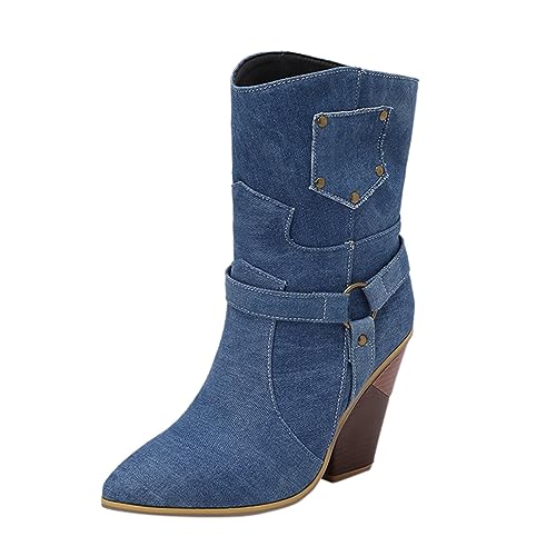 Cowboystiefel für Damen, Westernstiefel, Spitze Zehenschuhe, Damenschuhe mit niedrigem, klobigem Absatz, Kurze Stiefel, Stiefeletten Blau Damen (Blue, 42) von Generisch