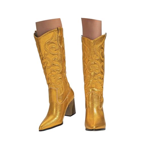 Cowboystiefel für Damen, kniehoch, breiter Absatz, spitzer Zehenbereich, Stickerei, weite Wade, Western-Cowgirl-Stiefel, Orange, 39 EU Cowboystiefel für Damen, kniehoch, breiter Absatz, spitzer Zehenbereich, Stickerei, weite Wade, Western-Cowgirl-Stiefel, Orange, 39 EU von Generisch