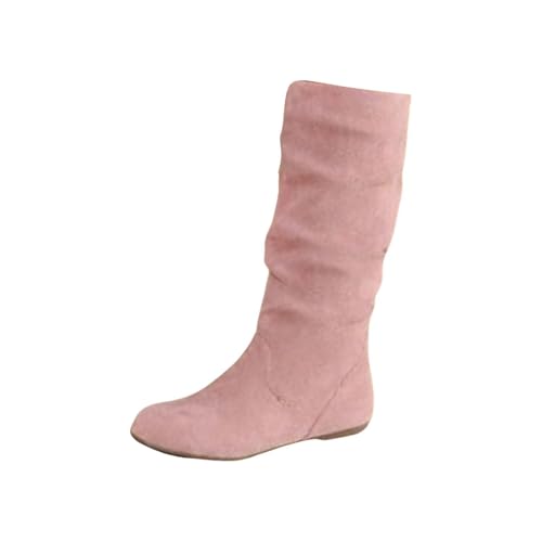 Cowboystiefel für Damen, kniehoch, modisch, bequem, Blockabsatz, spitzer Zehenbereich, Wildleder, Slouch-Wanderschuhe, rosa (1), 37.5 EU von Generisch