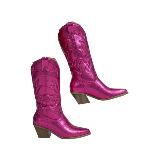Cowboystiefel für Damen, metallisch, mittelhoch, bestickt, spitzer Zehenbereich, breiter Absatz, breite Wade, zum Überziehen, Hot Pink 1, 37.5 EU Cowboystiefel für Damen, metallisch, mittelhoch, bestickt, spitzer Zehenbereich, breiter Absatz, breite Wade, zum Überziehen, Hot Pink 1, 37.5 EU von Generisch