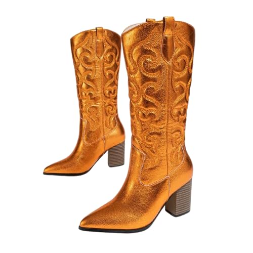 Cowboystiefel für Damen, metallisch, mittelhoch, bestickt, spitzer Zehenbereich, breiter Absatz, breite Wade, zum Überziehen, Orange 2, 38.5 EU Cowboystiefel für Damen, metallisch, mittelhoch, bestickt, spitzer Zehenbereich, breiter Absatz, breite Wade, zum Überziehen, Orange 2, 38.5 EU von Generisch
